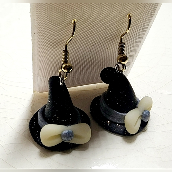 Whimsical sparkly black blue white bow witch dangle earrings - Picture 5 of 6